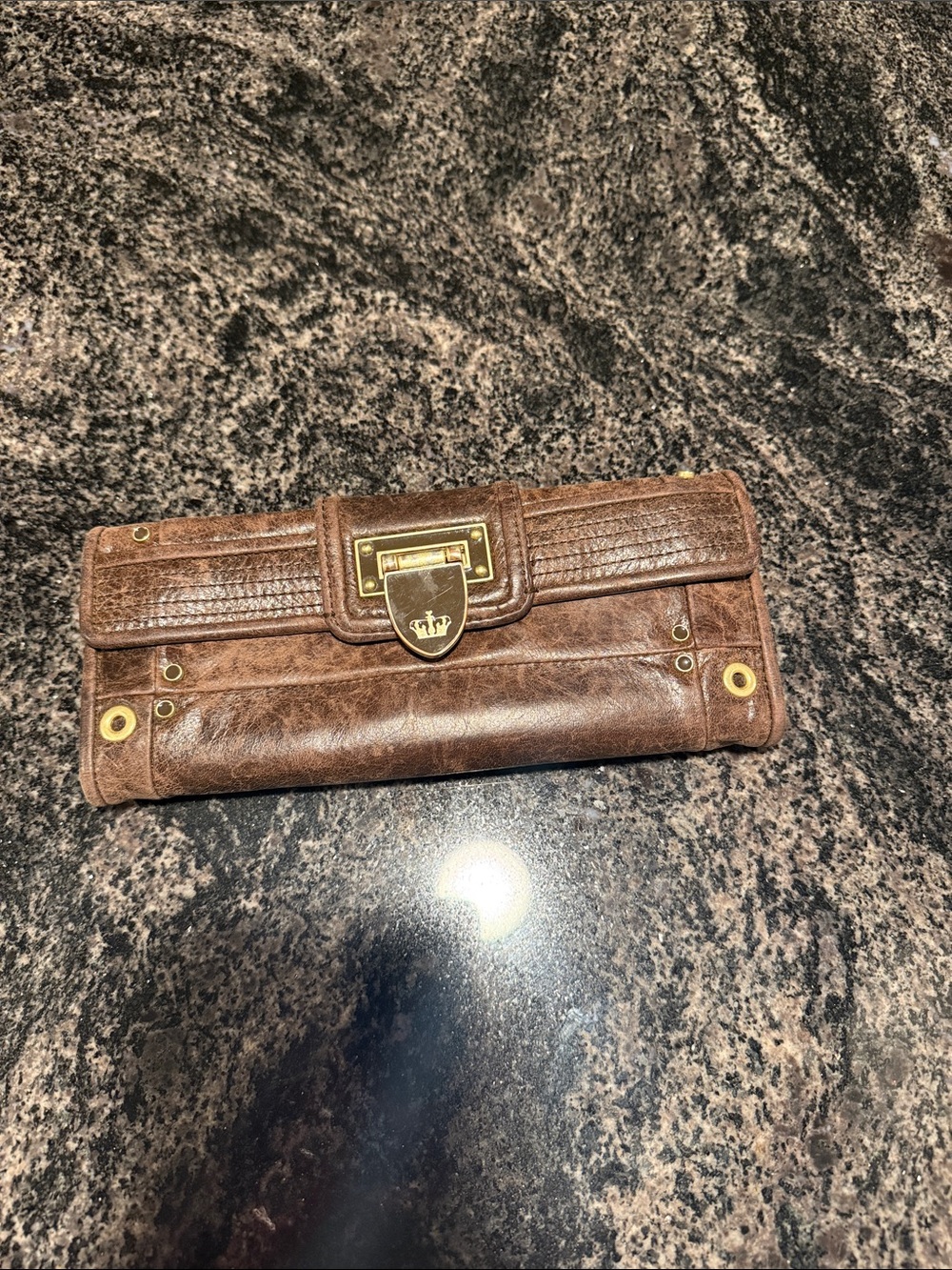 Juicy Couture Brown Leather Clutch Wallet with Gold Hardware